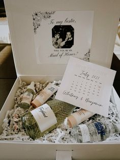 an open box containing personal care items and a note to my bride on her wedding day