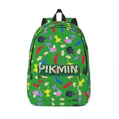 a green backpack with the word'pikimin'on it and small cartoon characters all over it