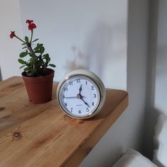 a small clock sitting on top of a wooden table next to a potted plant