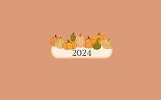 an orange background with pumpkins and squash in the bottom right corner that reads, 2024