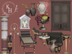 a bunch of different types of furniture and decor on a pink background with the letters k h above them