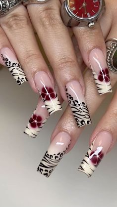 Paznokcie Hello Kitty, Zebra Nails, Cheetah Nails, Edgy Nails, Girly Acrylic Nails, Dope Nail Designs, Leopard Nails