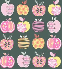 an apple pattern is shown in pink, yellow and green colors on a black background