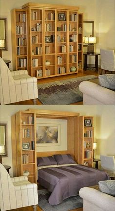 four different pictures of a bedroom with bookshelves