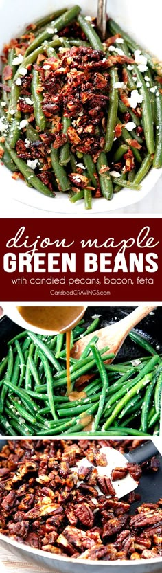 green beans with pecans and bacon are served in a serving dish on a platter