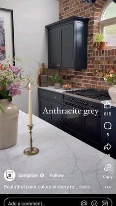 an image of a kitchen setting with flowers on the counter and candles in vases