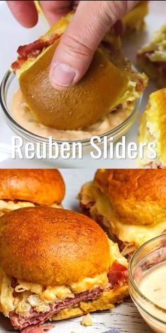 this is an image of sandwiches made with reuben sliders and cream cheese dips