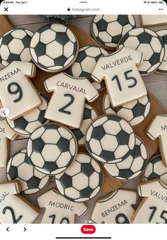 cookies decorated to look like soccer balls and numbers