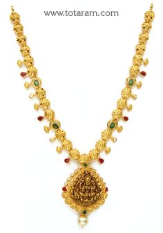 22 Karat Gold 'Lakshmi' Necklace with Cz, Ruby, Emerald & South Sea Pearls (Temple Jewellery)  - 235-GN4161 - in 18.350 Grams for USD $1575.05. 
Made in India by Totaram Jewelers Online this product is in Gold - 22 Karat BIS Hallmark 916 KDM Gold  & is an excellent gift for Adult - Women. Ships fully insured with secured guaranteed delivery for free with your order over $250 from New Jersey USA & comes with 30 days exchange policy. 22k Gold Necklace, Temple Jewelry Necklace, Gold Temple Jewellery, Ruby Emerald, South Sea Pearls, Sea Pearls, South Seas, Temple Jewellery, Gifts For Adults