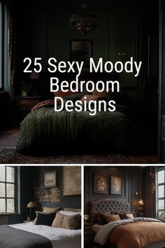 the bedroom is decorated in dark colors