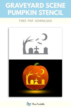 the graveyard scene pumpkin stencil is shown in three different colors and font options