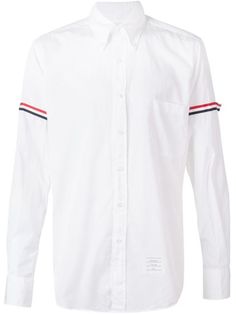 Shop Thom Browne striped sleeve shirt. White Button-up Top With Contrast Stripes, Classic Button-up Shirt With Contrast Stripes, Designer White Shirt With Button Cuffs, White Long Sleeve Shirt With Contrast Stripes, Classic Collared Shirt With Contrast Stripes, White Button-up Shirt With Striped Cuffs, White Button-up Shirt With Contrast Stripes, White Collared Shirt With Contrast Stripes, White Cotton Dress Shirt With Striped Collar