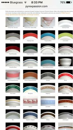 many different types of plates and bowls are shown in this page, with the same color scheme