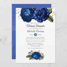 a wedding card with blue flowers on it