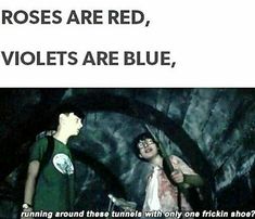 two people standing next to each other in front of a tunnel with text that reads roses are red, violets are blue, running around the tunnels with only one