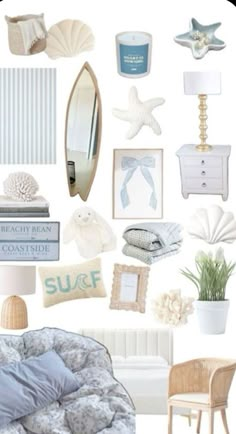 a collage of beach themed items including a bed, chair and mirror on the wall