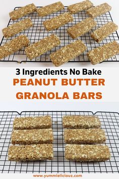 three ingredient no bake peanut butter granola bars on a cooling rack with text overlay