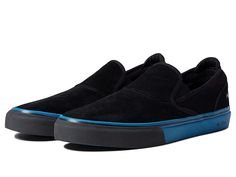 Emerica Wino G6 Slip-On - Men's Skate Shoes : Black/Blue/Black : Go from chill mode to shred mode in an instant with the low-profile Emerica Wino G6 slip-on skate shoes. Skateboard shoes in a slip-on silhouette. Uppers of suede or canvas. G6 high-performance insole for added comfort and impact protection. Tuff Cuff collar padding. Heel anchor system for a locked in feel. Durable outsole offers optimum grip, instant flexibility, and natural board control. Imported. Measurements: Weight: 1 lb Prod Mens Skate Shoes, Skateboard Shoes, Mens Wear, 4 Life, Skate Shoes, Slip On Sneakers, Shoes Black, Product Reviews, Black Sandals