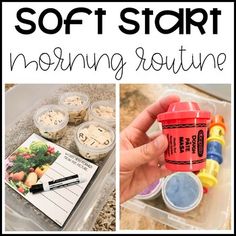 a collage of photos with the words soft start morning routine