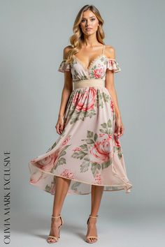 Olivia Mark - Elegant Floral Print Cold-Shoulder Midi Dress with Lace Detail Spring Flowy Cold Shoulder Dress, Feminine Pink Off Shoulder Dress For Summer, Summer V-neck Off Shoulder Dress, Feminine Pink Off Shoulder Summer Dress, Feminine Pink Off-shoulder Summer Dress, Chic V-neck Off Shoulder Dress For Spring, Chic Off Shoulder V-neck Dress For Spring, Spring Flowy Off Shoulder Maxi Dress, Flowy Floral Print Off Shoulder Dress For Brunch