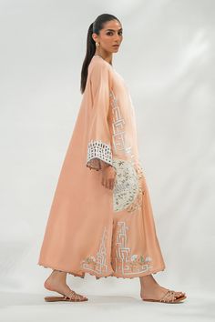 Yema (A) Designer Peach Dress With Intricate Embroidery, Peach Dress With Intricate Embroidery For High Fashion, Feminine Embroidered Summer Sets, Feminine Pink Floral Embroidered Sets, Feminine Pink Sets With Floral Embroidery, Summer Straight Kurta Set With Embroidered Sleeves, Summer Embroidered Sleeves Straight Kurta Set, Summer Straight Kurta With Embroidered Sleeves, Summer Sets With Embroidered Sleeves And Straight Kurta