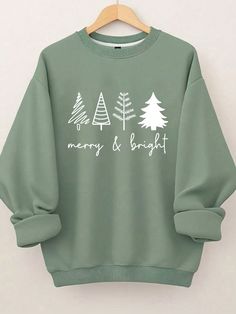 Plus Size Women's Merry & Bright Christmas Trees Print Sweatshirt Green Casual  Long Sleeve Knitted Fabric Christmas,Geometric,Letter,Plants Pullovers Slight Stretch Winter,Fall/Winter Women Plus Clothing, size features are:Bust: ,Length: ,Sleeve Length: Christmas Letters, Letter Print Sweatshirt, Christmas Print, Print Sweatshirt, Inspiration Mode, Print Pullover, Casual Hoodie, Christmas Sweatshirts