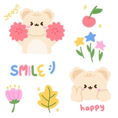 some cute stickers that say smile and have flowers, leaves, and bears on them