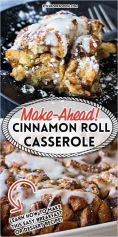 make-ahead cinnamon roll casserole in pan; make-ahead cinnamon roll casserole on plate with fork Cinnamon Roll Flavors, Easter Morning Breakfast, Cinnamon Roll French Toast Casserole, Toast Recipe Breakfast, Cinnamon Roll French, Cinnamon Roll French Toast, Cinnamon Roll Casserole, Cinnamon Roll Bake, Breakfast Casserole Recipe