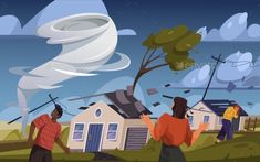 Tornado or Whirlwind Vector Illustration Tornado Cartoon, Tornado Illustration, Scared People, Wind Illustration, Cartoon Composition, Illustration Landscape, House Cartoon, Natural Disaster, House Vector