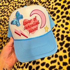 Valentine’s Day Or Any Day Hat! Patched Trucker Hat. One Of A Kind. Unique. Brand New Never Worn Trucker Hat Inspo Patches, Trendy Blue Trucker Hat For Vacation, Playful Blue Trucker Hat For Summer, Blue Trucker Hat For Spring Vacation, Playful Blue Summer Trucker Hat, Blue Fun Trucker Hat For Spring, Pink Trucker Hat For Spring Vacation, Blue Snapback Trucker Hat For Spring, Trendy Blue Trucker Hat For Spring