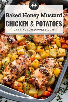 baked honey mustard chicken and potatoes in a casserole dish with text overlay