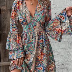 Paisley Print V-Neck Dress, Vacation Style Layered Ruffle Sleeve A-Line Dress For Spring & Fall, Women's Clothing Fitted V-neck Boho Dress For Party, Patterned V-neck Mini Dress For Beach, Fitted V-neck Boho Dress With Boho Print, Vibrant Print V-neck Midi Dress For Party, Flowy V-neck Mini Dress For Fall, Multicolor V-neck Boho Dress With Floral Print, Bohemian V-neck Midi Dress For Party, Fitted Multicolor V-neck Dress For Spring, Spring Patterned V-neck Boho Dress