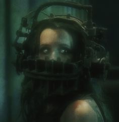 a woman with her head in a machine