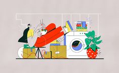 an illustration of a washing machine surrounded by boxes, plants and other household items on a shelf