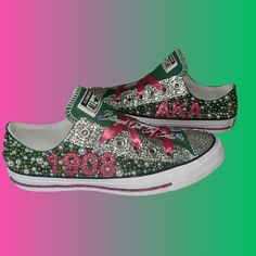 Adult Custom Bling Sorority Converse can be done for any Sorority or Fraternity. Each Rhinestone and Pearl is placed on individually, no 2 pair will be the exact same! Sorority Shoes, Bling Converse, Custom Bling, Bling Shoes, Sneakers Athletic, Fraternity, Sorority, No. 2, Labour Day