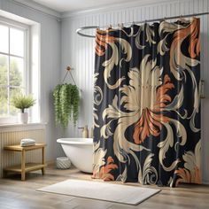 a bathroom with a shower curtain and rugs on the floor next to a bathtub