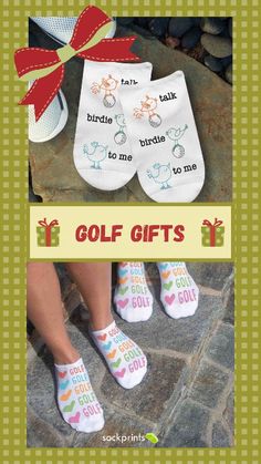 two pairs of socks with the words golf gifts on them