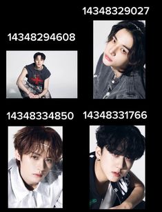 four pictures of the same person with different hair colors and numbers on their faces, all in black