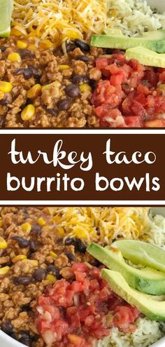 turkey taco burrito bowls with avocado and rice