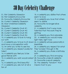 the 30 day celebrity challenge is shown on a blue background with black and white lettering