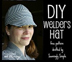 a woman wearing a striped hat with the words diy welder's hat