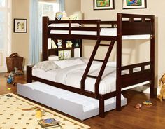 a bunk bed sitting on top of a hard wood floor next to a child's book shelf