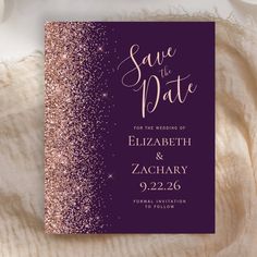 purple and gold glitter save the date card