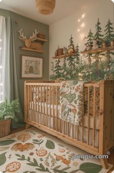 a baby's room decorated in woodland theme