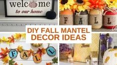 fall mantle decor ideas with sunflowers, pumpkins and autumn leaves in mason jars