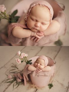 a baby sleeping in a pink basket with flowers on the floor and another photo taken from above