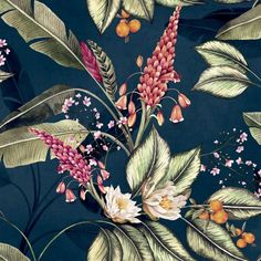 a painting of flowers and leaves on a dark blue background with oranges, pinks, and green