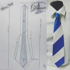 a blue and white striped tie is next to a drawing of a tall tower with the name glamaur on it