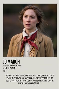 a woman in a brown jacket and red bow tie is looking at the camera with an ad for jo march