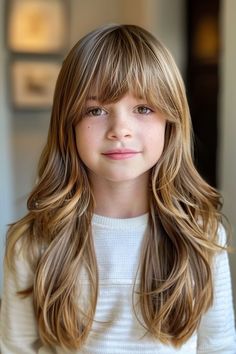 Hair Cuts For Little Kids, Hair Cuts For Kids Girls Summer, Bangs Kids Girls, Kid Haircut With Bangs, Bangs For Kids With Long Hair, Hair Cuts For 6 Year Girl, Kid Bangs Girls, Kids Fringe Hairstyles, Girls Hair Cuts 2024 Trends